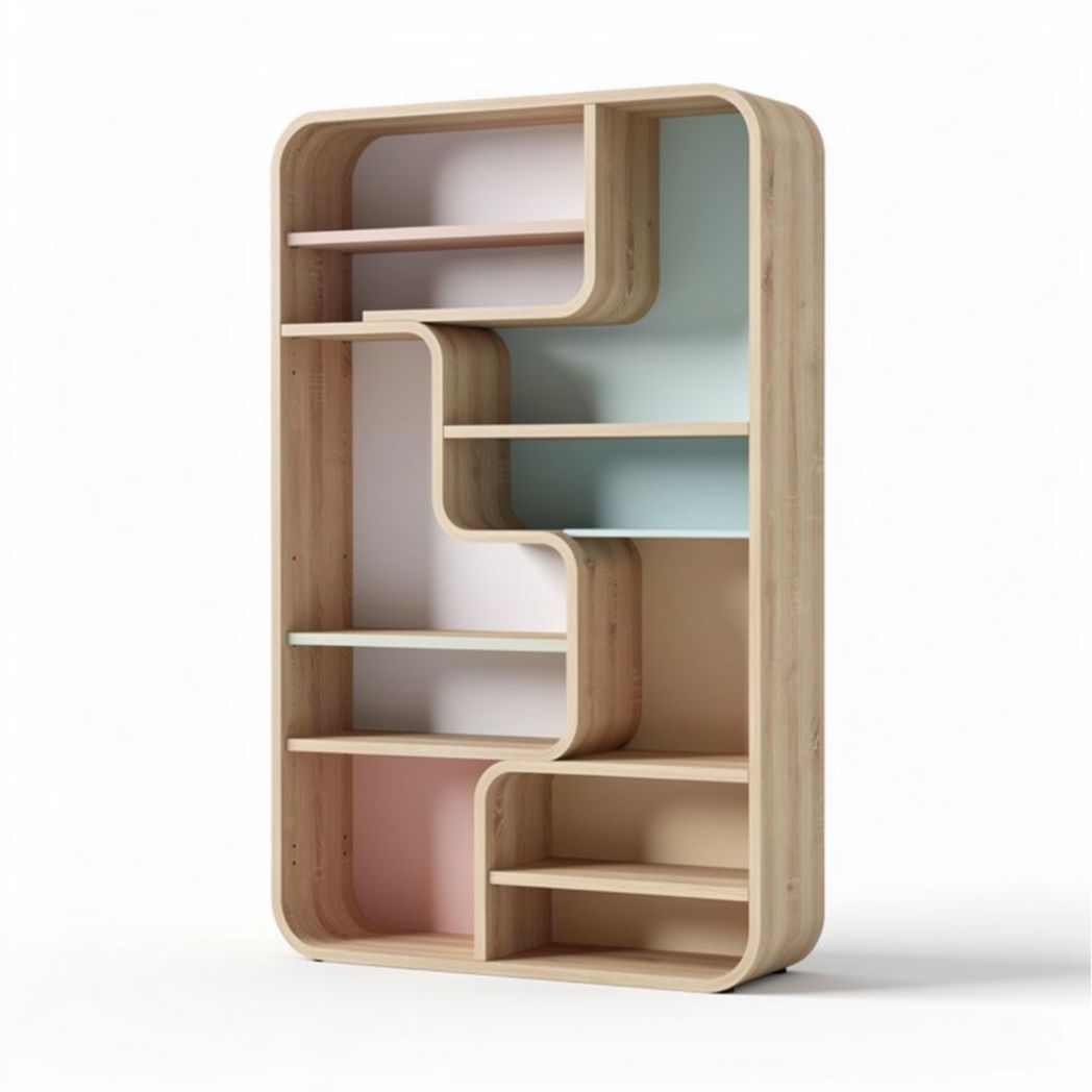 Colorful wooden bookshelf with curved shelves for living room display 150 x 80 x 30cm