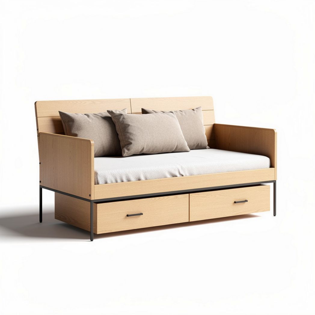 Wooden daybed with mattress and storage drawers in natural finish 200 x 90 x 85cm
