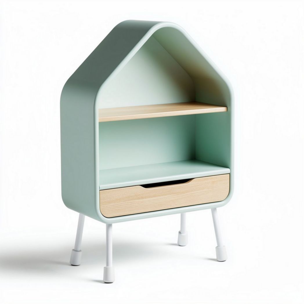 House-shaped bookshelf with green finish and wooden drawer 60 x 40 x 90cm