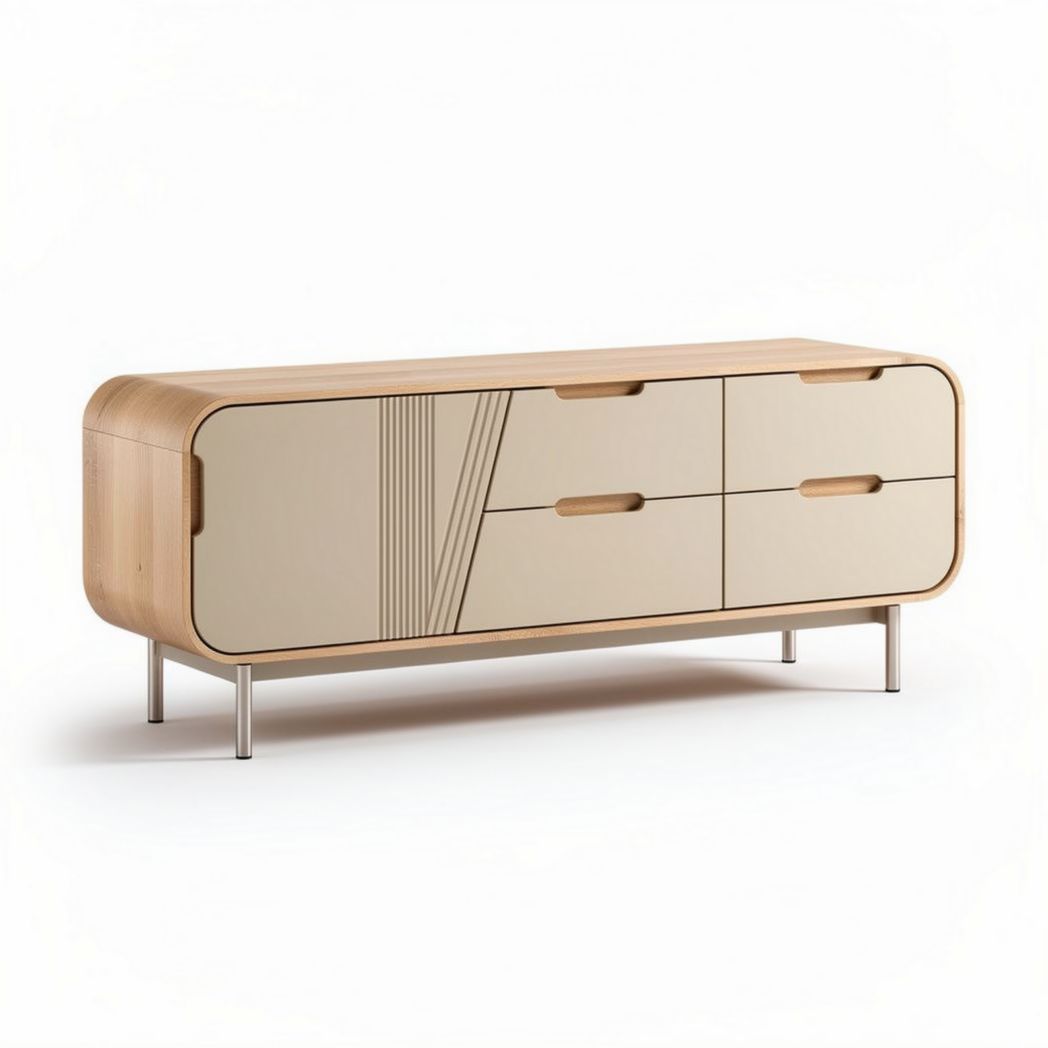 Wooden sideboard with four drawers in natural finish and beige design 150 x 45 x 60cm