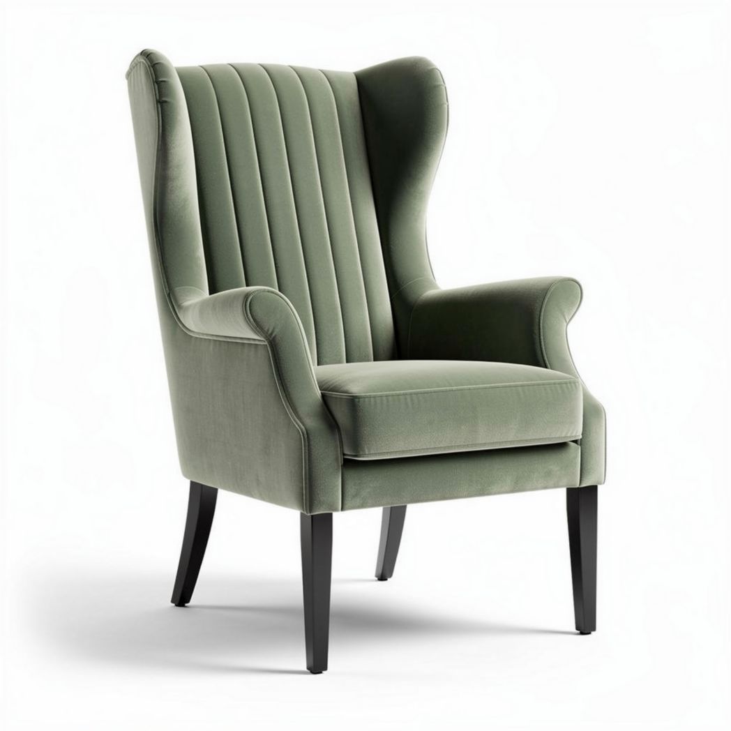 Green velvet wingback chair with tapered black legs 80 x 80 x 100cm
