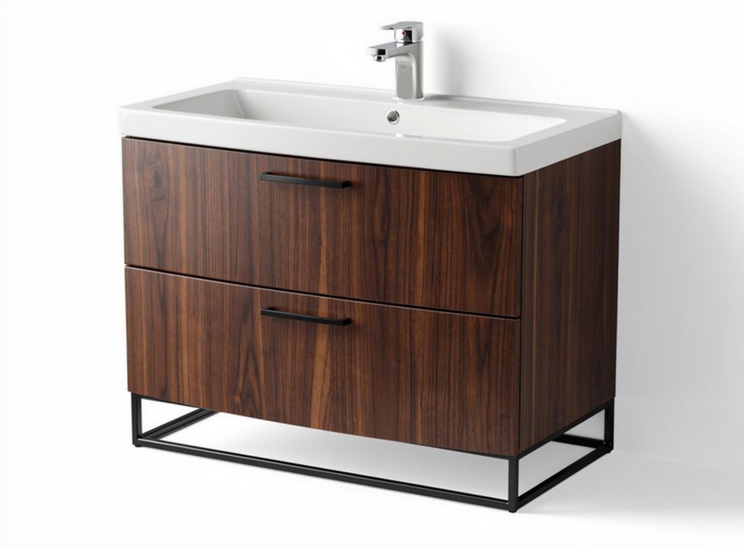 Vanity sink cabinet with two drawers in walnut finish and black metal base 80 x 45 x 85cm