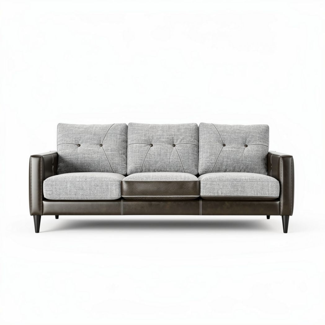 Gray fabric and leather three-seater sofa with tufted design 200 x 90 x 85cm