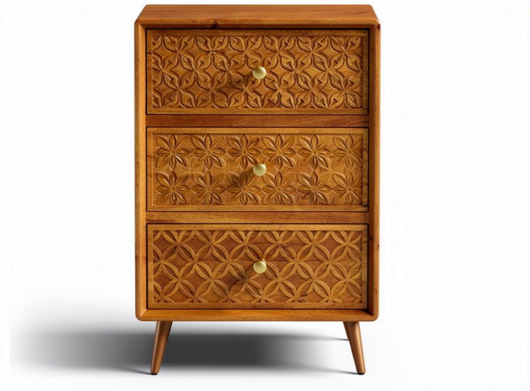 Carved wooden nightstand with three drawers in natural finish 45 x 35 x 70cm