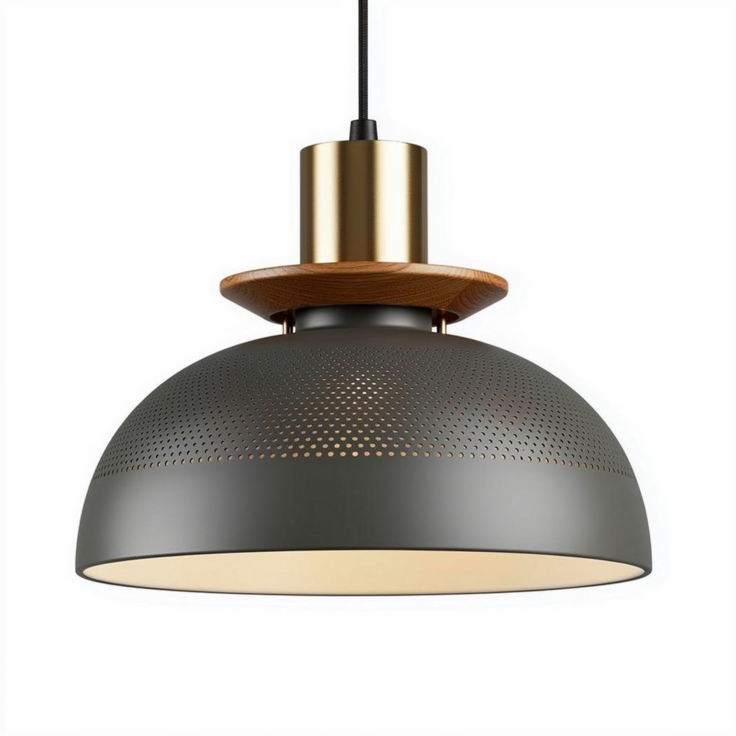 Metal pendant light with wooden accent and perforated shade 30 x 30 x 20cm